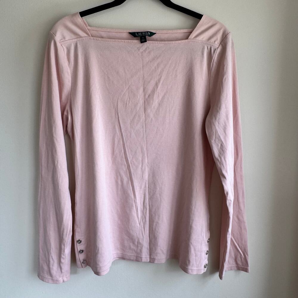 Lauren Ralph Lauren Light Pink Boatneck Knit Top Button Side Long Sleeve Sz XL